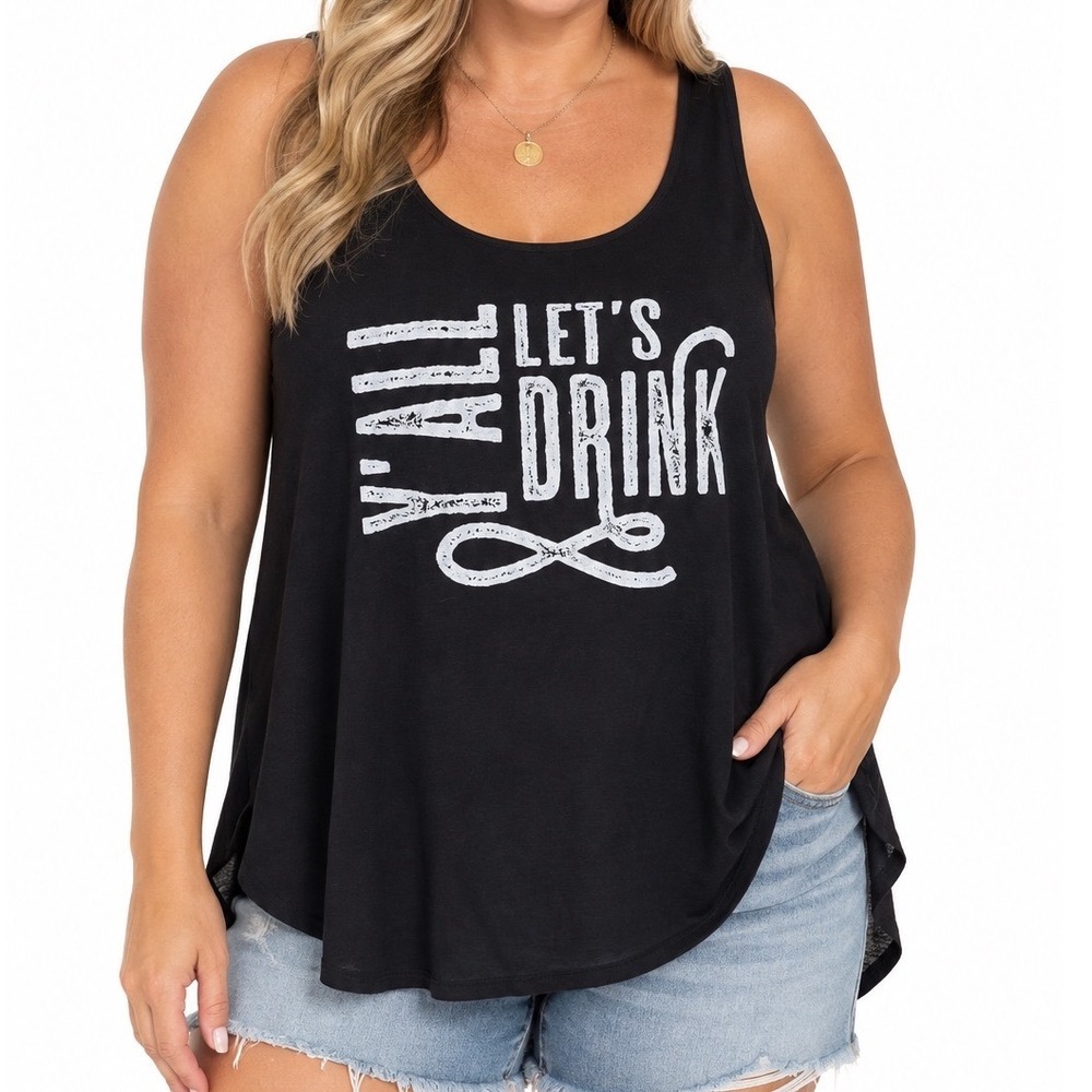 Womens Y'ALL LET'S DRINK Graphic Tank Top Black XL Sleeveless Flowy Scoop Neck